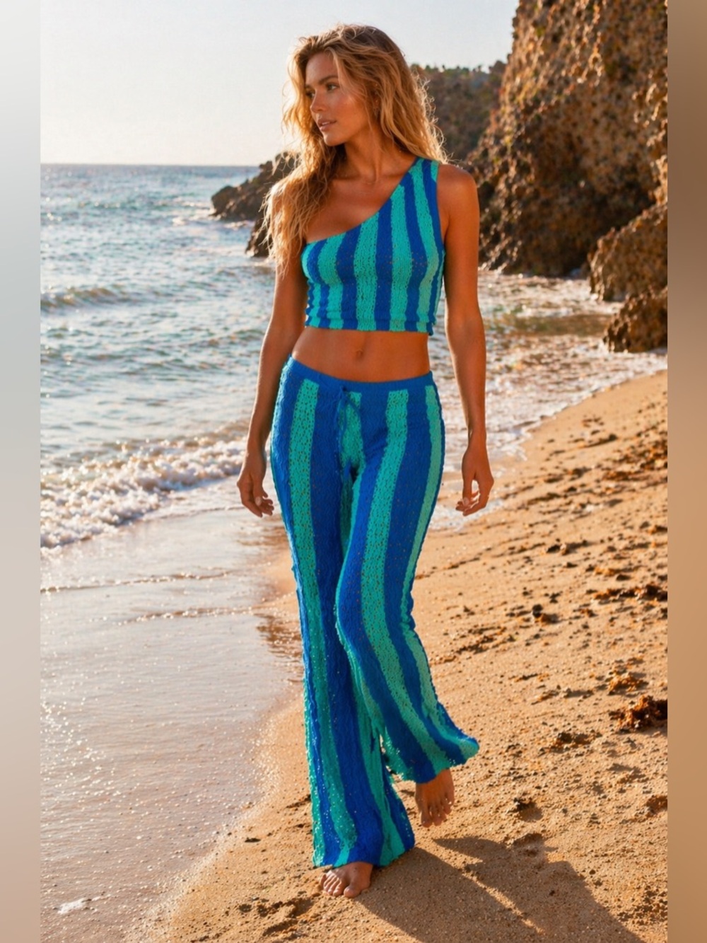 Free People Crochet Knit Set Striped Flare Pants Crop Top Boho NWT XS